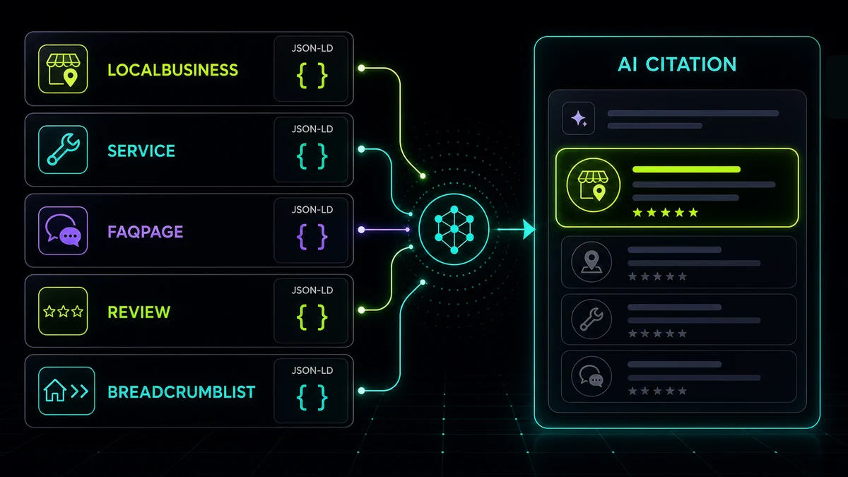 Dark technical diagram showing five JSON-LD schema cards feeding an AI citation panel for a service business.
