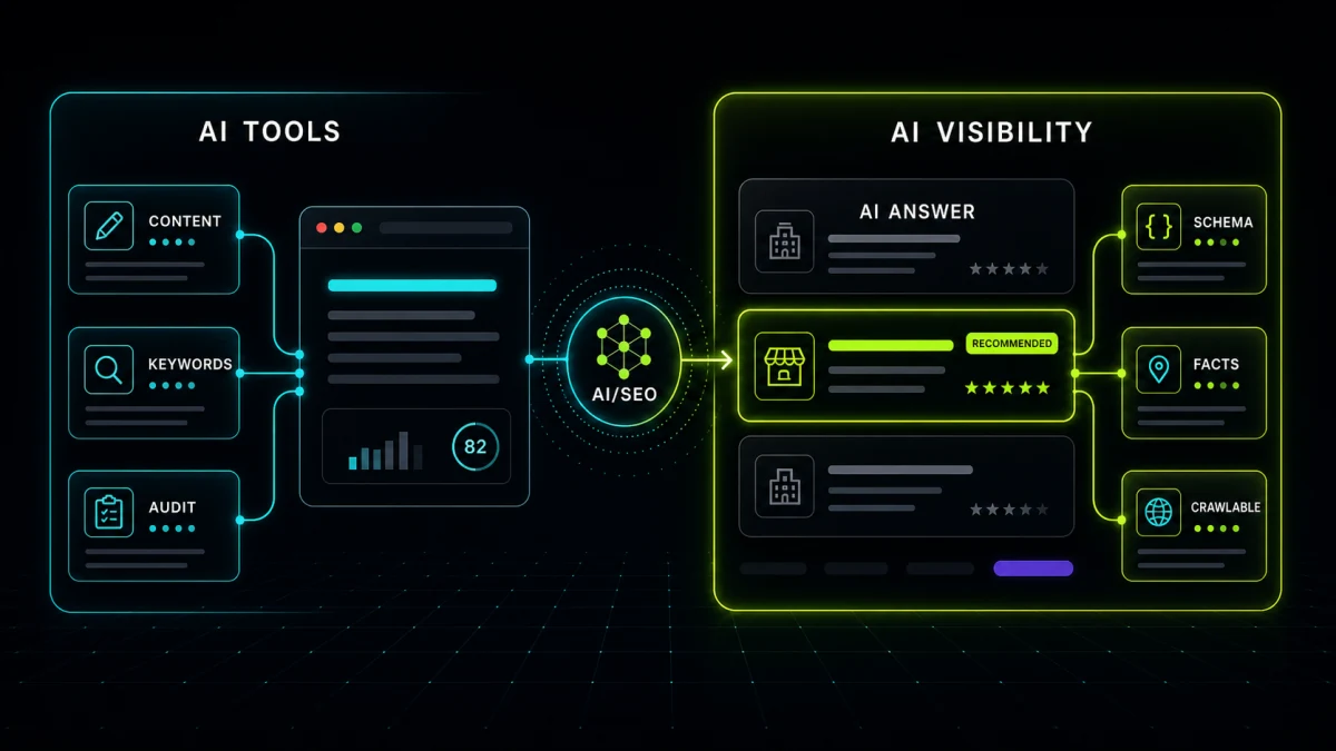 Two paths labeled AI tools and AI visibility, with the visibility path leading to a small business named in an AI answer