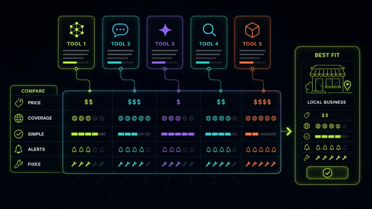 Neon comparison dashboard scoring five AI visibility tools on price, coverage, simplicity, alerts, and fixes, with a best-fit result for a local service business