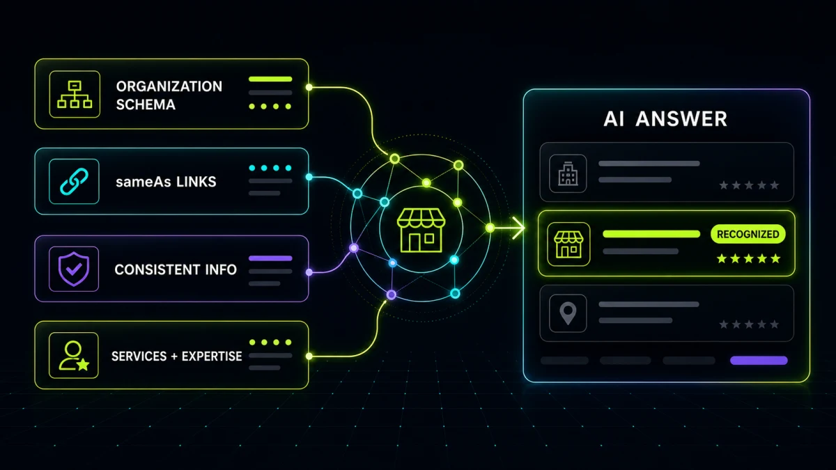 Four entity SEO signals connect a small business to an AI answer where it is recognized