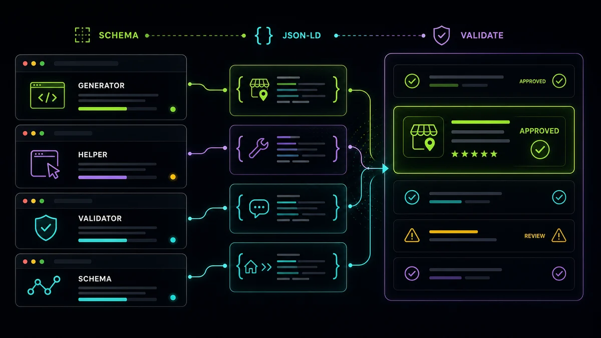 Dark editorial diagnostic comparing free schema markup generator tools, with JSON-LD schema cards flowing into a validation panel that approves some and flags others.