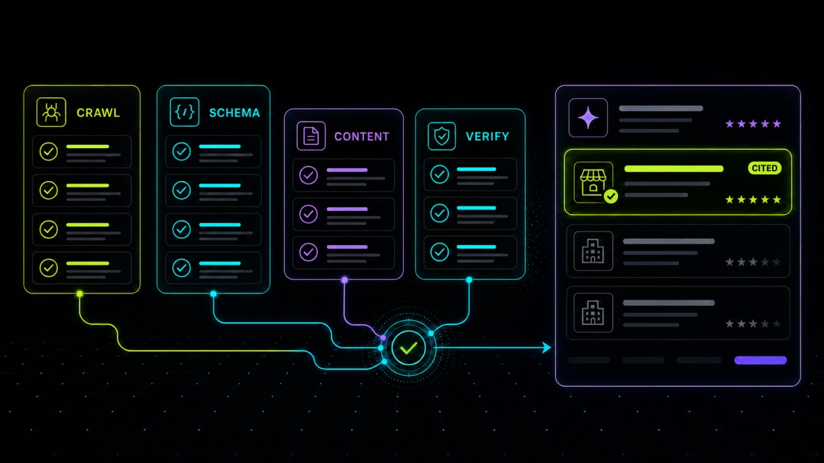 Dark neon technical checklist showing fourteen GEO checks across crawlability, schema, content, and verification flowing into a cited AI answer.