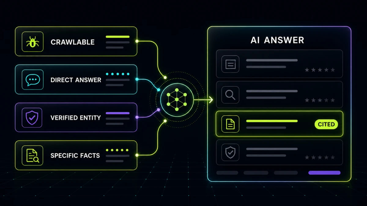 Four signals — crawlable, direct answer, verified entity, and specific facts — feed into an AI answer with a cited source