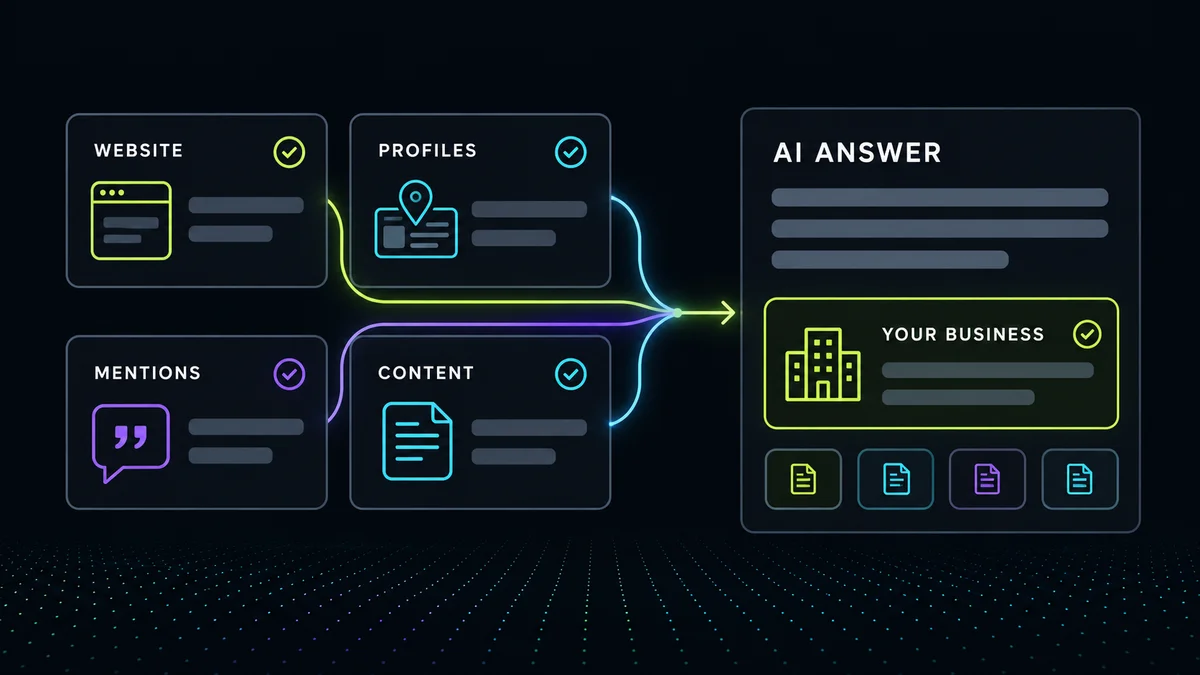 Website, profiles, mentions, and content feed into an AI answer that names your business.