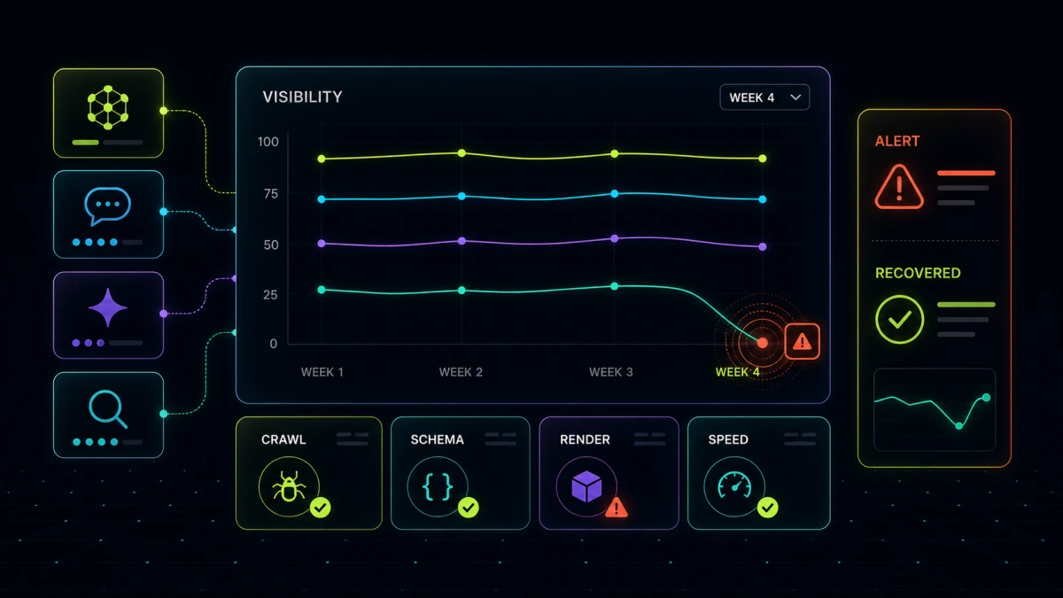 AI visibility monitoring dashboard showing a weekly trend drop, technical checks, and a recovery alert
