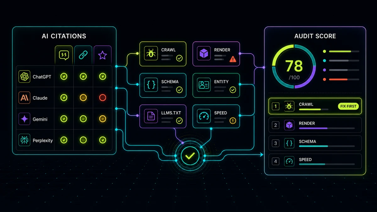 Dark neon AI visibility audit dashboard showing a citation matrix, six technical checks, and a prioritized audit score.