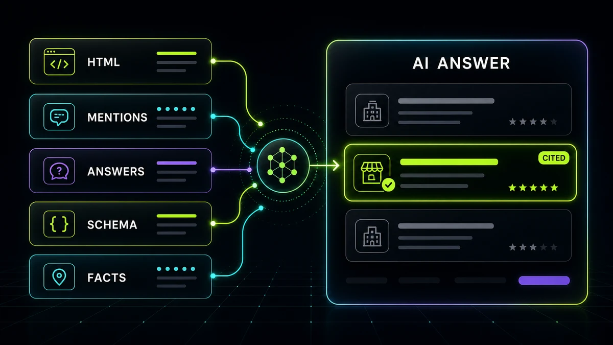 A search-answer surface naming recommended service businesses, with one card highlighted as the cited result and supporting signals — crawlable HTML, trusted mentions, schema — feeding into it.