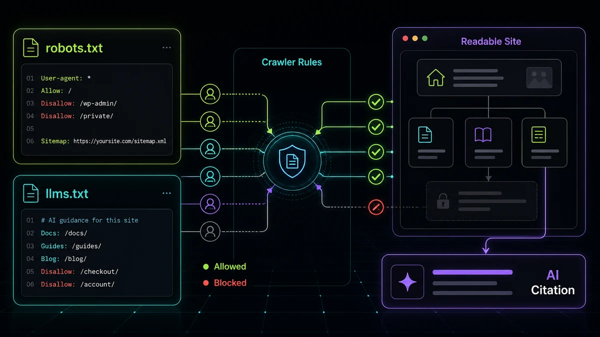 Dark technical diagram showing robots.txt and llms.txt routing AI crawler requests toward readable site content while blocking restricted paths.