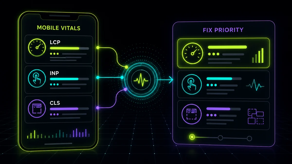Dark neon technical dashboard showing mobile Core Web Vitals metrics LCP, INP, and CLS flowing into a prioritized performance fix panel.