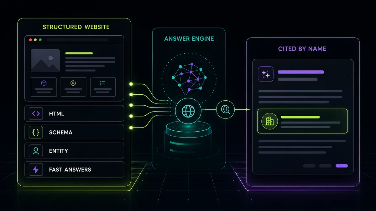 Dark technical diagram showing a structured website feeding an answer engine that cites a business by name.